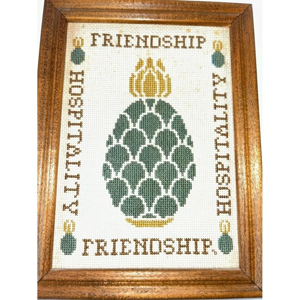 Vintage 1983 Pineapple Cross Stitch Framed Art Friendship Hospitality 8.5x6.5